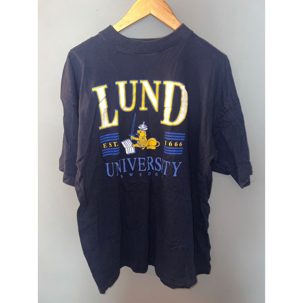 Vintage Lund University Sweden Navy Blue Graphic T-Shirt XL Tide Collegiate Tee